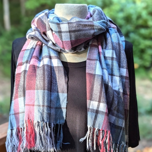 Soft Pink Plaid Scarf with Fringe - Picture 1 of 5